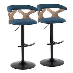 Gardenia 32.5 in. Blue Fabric, White Washed Wood and Black Metal Adjustable Bar Stool (Set of 2)