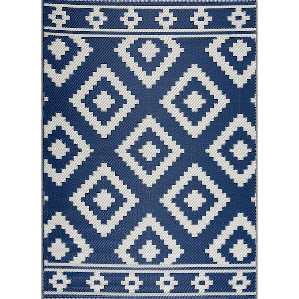 Milan Navy Creme 5 ft. x 7 ft. Modern Reversible Recycled Plastic Indoor/Outdoor Area Rug-Floor Mat