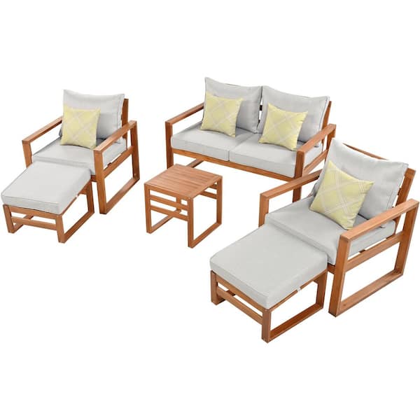 Polibi 6-Piece Acacia Wood Patio Conversation Sectional Seating Set with Gray Cushions and Ottomans