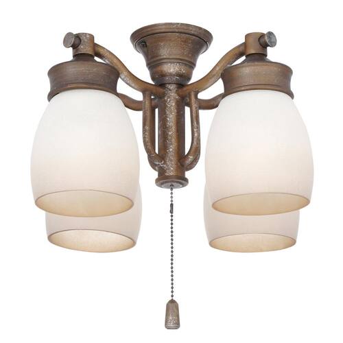 4-Light Aged Bronze Ceiling Fan Fixture with Tea Stain Glass Lighting