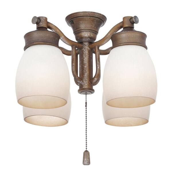 4-Light Aged Bronze Ceiling Fan Fixture with Tea Stain Glass 4-Light Aged Bronze Ceiling Fan Fixture with Tea Stain Glass