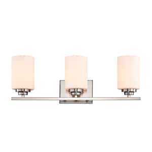 22 in. 3-Light Brushed Nickel Vanity Light with White Etched Glass Shades