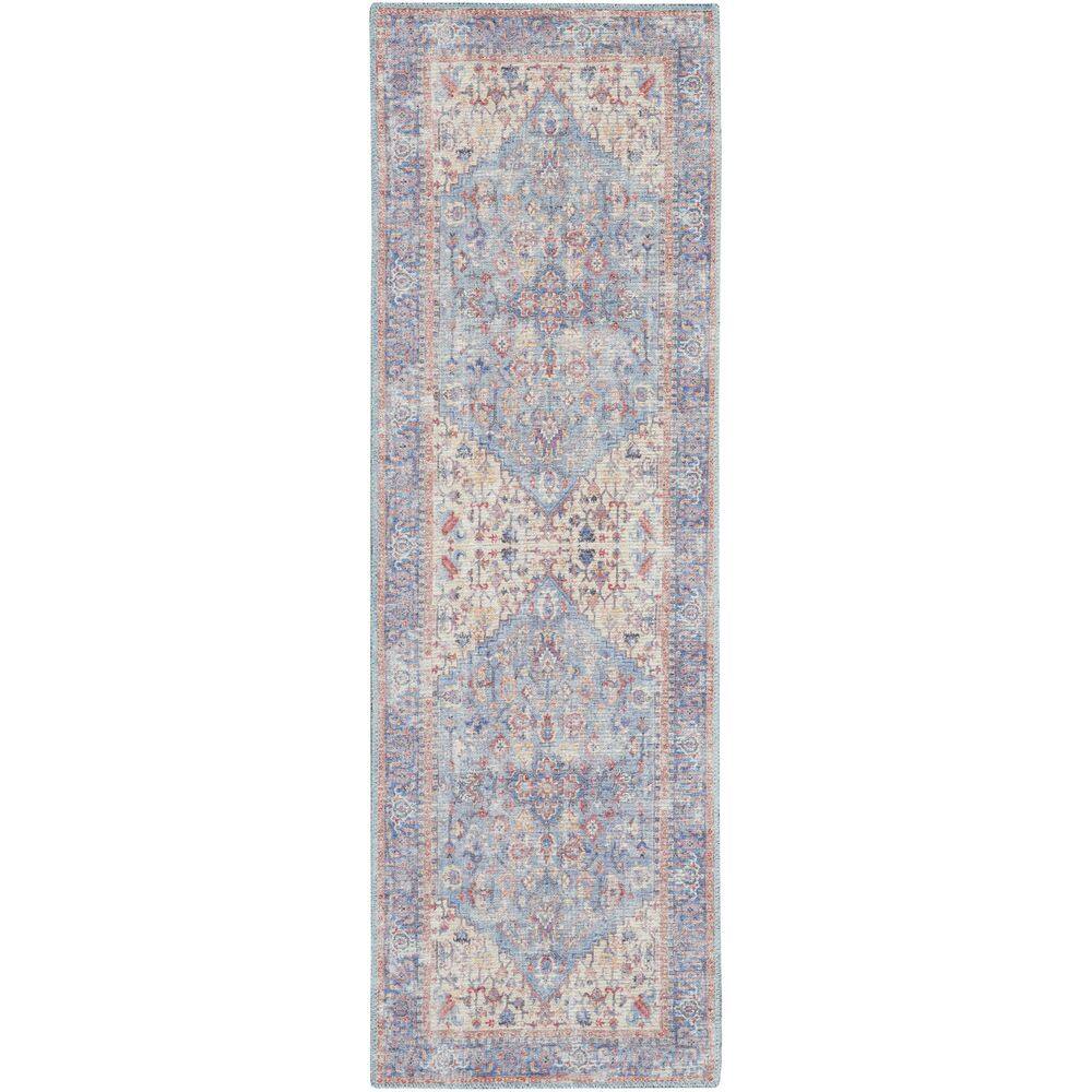 Machine Washable Blue and Multicolor Floral Runner Rug