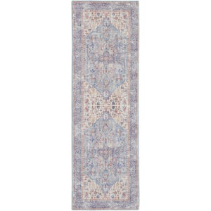57 Grand Machine Washable Blue/Multi 2 ft. x 10 ft. Bordered Traditional Kitchen Runner Area Rug