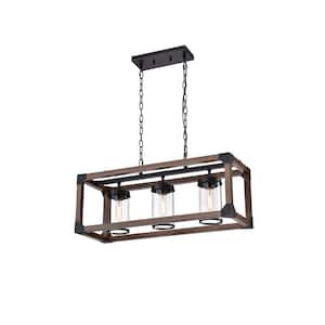 Canela 3-Light Antique Black Metal and Wood Rectangle Chandelier with Clear Glass Shades