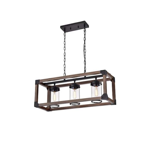 Jojospring Canela 3-Light Antique Black Metal and Wood Rectangle Chandelier with Clear Glass Shades