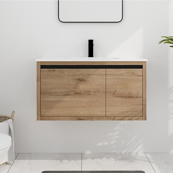 36 in. W x 18 in. D x 20 in. H Single Sink Wall Mounted Bath Vanity in Imitative Oak with White Acrylic Top