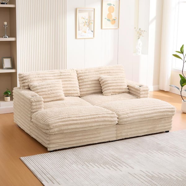 Champagne Oversized Double Chaise Lounge Plush Faux Rabbit Fur Polyester Sofa Bed with Pillows, USB Ports