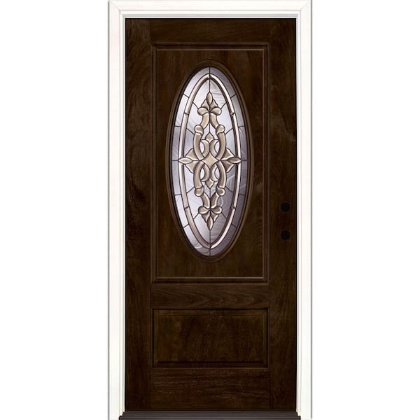Feather River Doors 37.5 in. x 81.625 in. Silverdale Patina 3/4 Oval Lite Stained Chestnut Mahogany Left-Hand Fiberglass Prehung Front Door