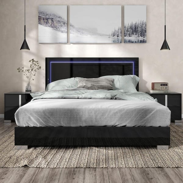 Furniture of America Mesala Piano Black Wood Frame Eastern King Panel Bed with LED on Headboard