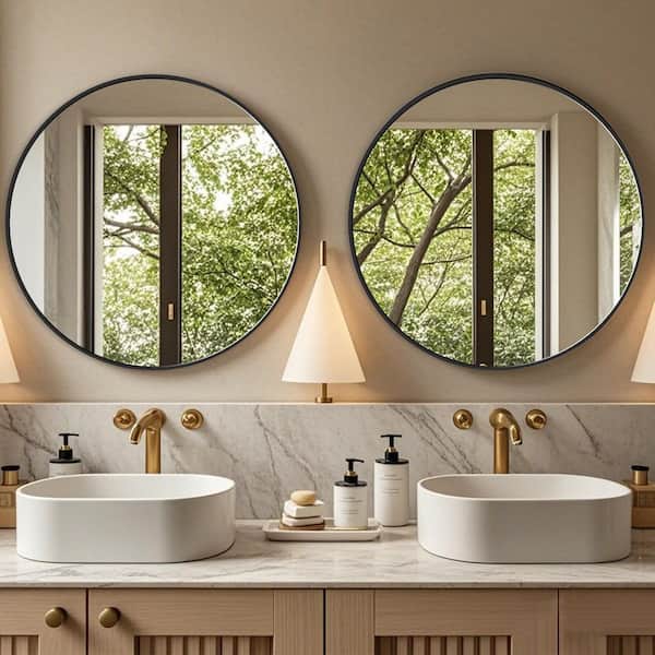 36 in. W x 36 in. H Black Vanity Round Wall Mirror Aluminium Alloy Frame Bathroom Mirror (2-Pieces)
