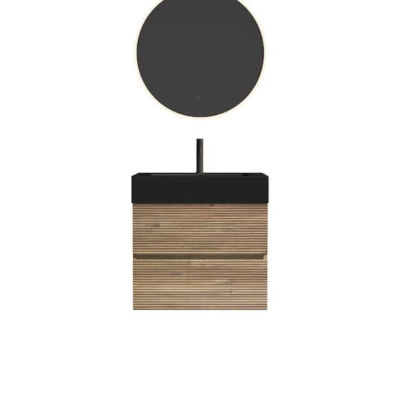 24 in. Wall Mounted Oak Bath Vanity with Black solid surface Top Unassembled