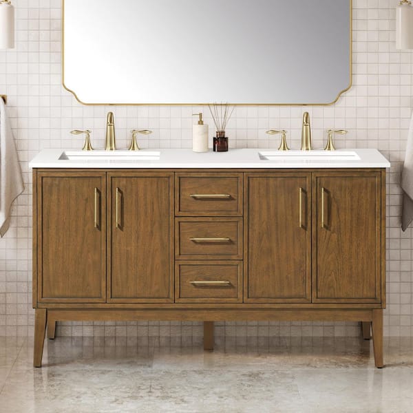 Kira 60 in. Double Sink Freestanding Warm Walnut Bath Vanity with White Engineered Stone Top