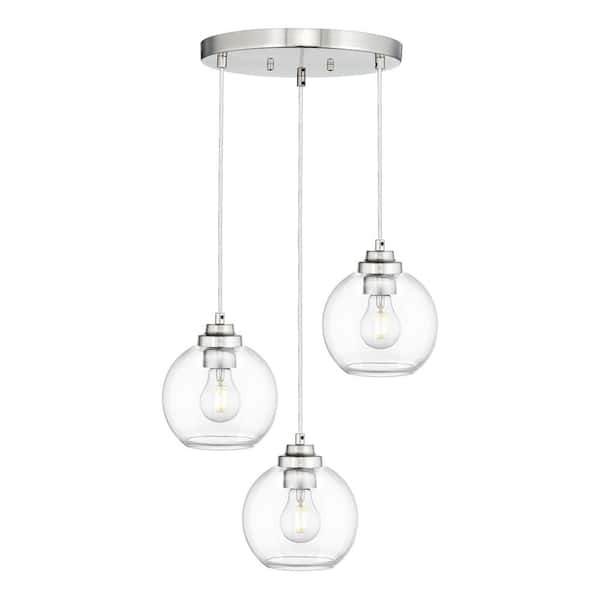 JAZAVA 60-Watt 3-Light Cluster Brushed Nickel Shaded Pendant Light with Globe Glass Shade, No Bulbs Included
