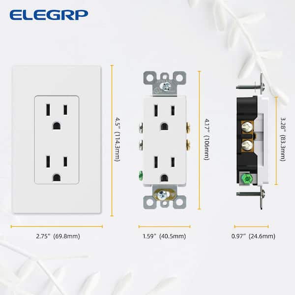 Leviton Decora 15 Amp Residential Grade Self Grounding Duplex Outlet, White Leviton Decora 15 Amp Residential Grade Self Grounding Duplex Outlet, White