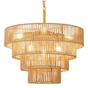 Boho 6-Light Brass Hand-Woven Rattan Round Pendant Chandelier for Kitchen Island, Living Room, with No Bulbs Included