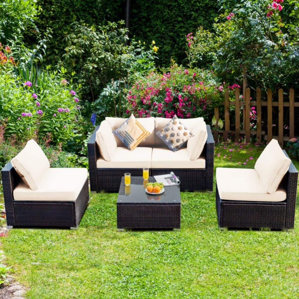Brown 5-Piece Wicker Patio Conversation Set with White Cushions price history on PriceWatchPro