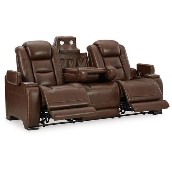 Benjara Brown Vegan Faux Leather Dual Side Power Recliner Sofa with USB and Drop Table