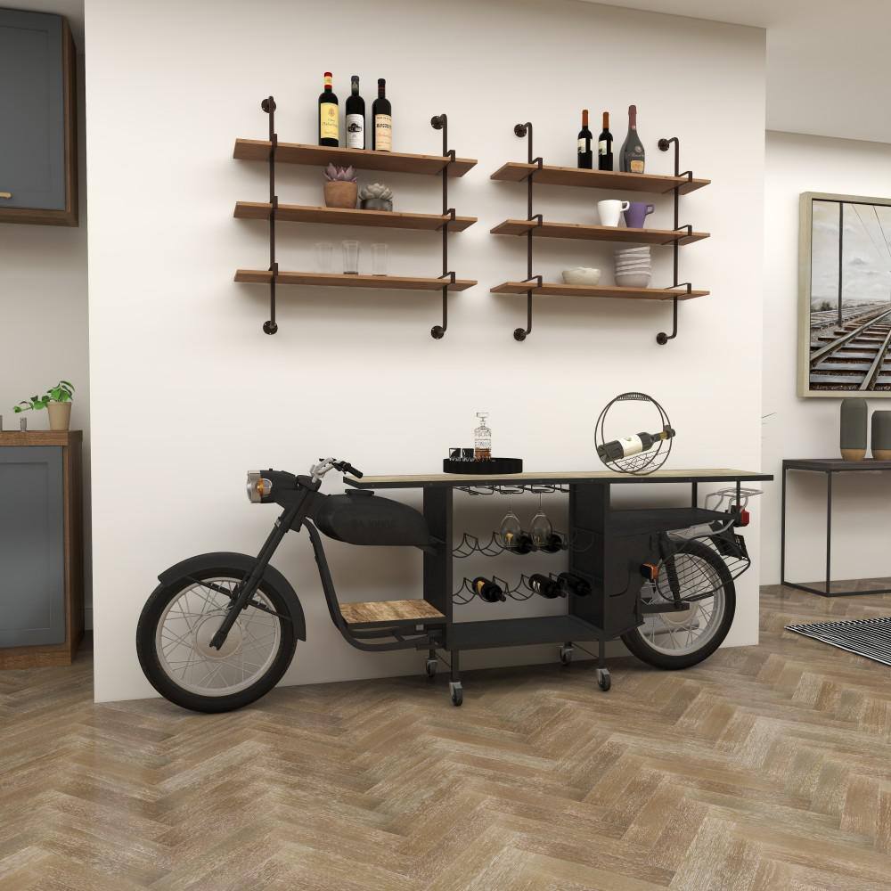 Black Metal and Mango Wood Motorcycle Bar Cart