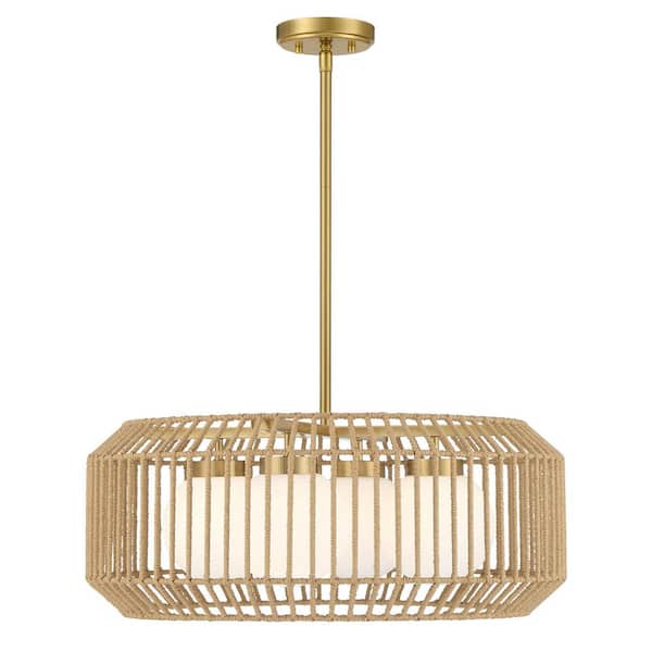 Pastis 60-Watt 24 in. W x 9.5 in. H 4-Light Warm Brass Pendant Light with White Glass Shades, No Bulbs Included