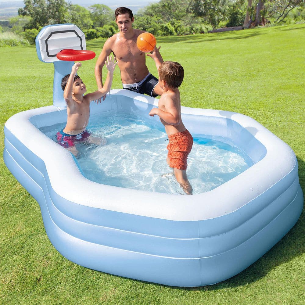 Blue and White Oval Inflatable Pool with Basketball Hoop