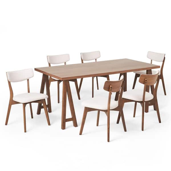 Noble House Chazz 7-Piece Rectangle Wood Top Light Beige and Walnut Standard Height Table Set