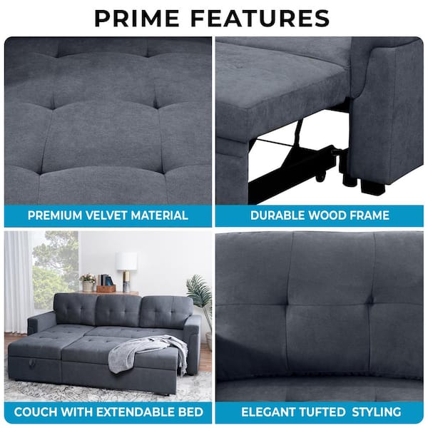 84.64 in. Velvet L-Shaped Sleeper Sectional Sofa with Square Arms in Dark Gray, Reversible Chaise, and Pull-out Sofa Bed