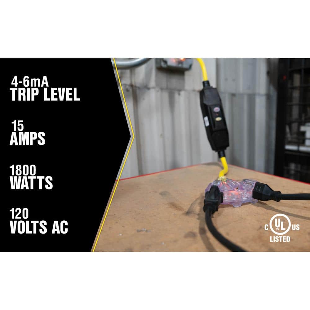 Yellow 2 ft. Triple Outlet Cord with GFCI and Lighted Power Block