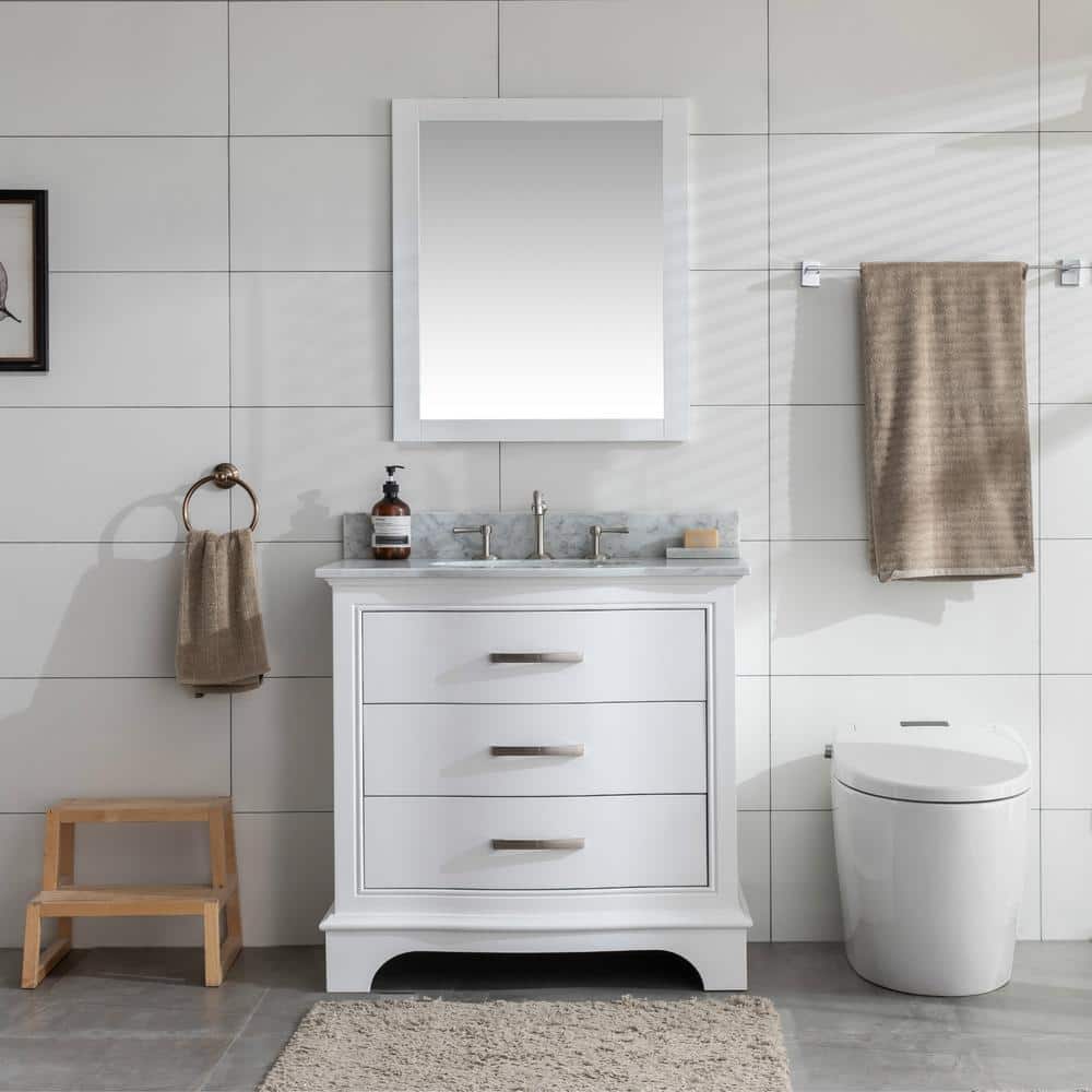 Monroe 36'' White Solid Wood Freestanding Vanity with Marble Top