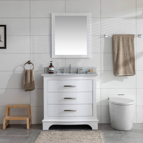 Monroe 36 in. W x 22 in. D Bath Vanity in White with Natural Marble Vanity Top in Carrara White with White Sink