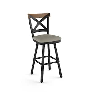 Snyder 27 in. Light Beige and Grey Boucle Polyester/Black Metal/Brown Distressed Wood Swivel Counter Stool