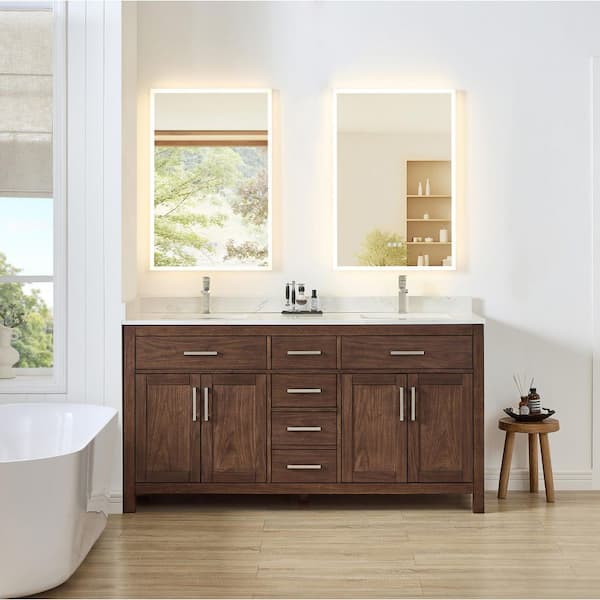 Beckett 66 in. Double Freestanding Dark Walnut Bath Vanity with Carrara Cultured Marble Top