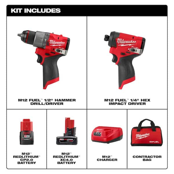 Milwaukee M12 FUEL 12 Volt Lithium Ion Brushless Cordless Hammer Drill and Impact Driver Combo Kit w 2 Batteries and Bag 2 Tool 3497 22 The Home Depot