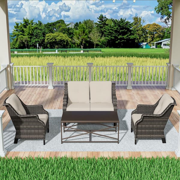 4-Pieces Wicker Outdoor Patio Furniture Sets Rattan Chair Wicker Set with Beige Cushion