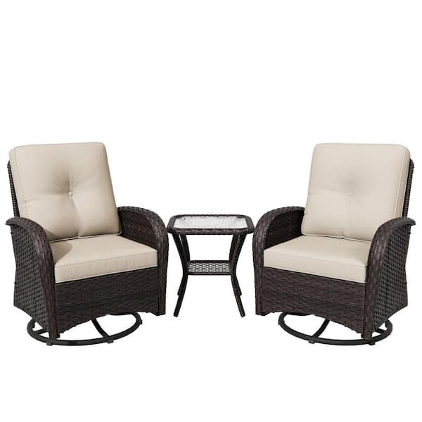 3-Pieces Deep Brown Wicker Outdoor Rocking Chairs Patio Conversation Set with Beige Cushions and Side Table