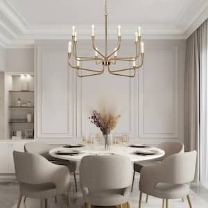 Modern 12-Light Dimmable Integrated LED Plating Brass Candle Chandelier for Dining Room