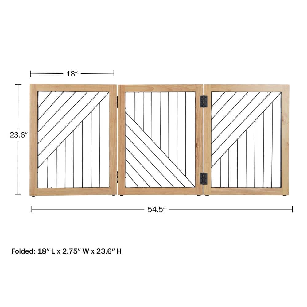 Natural Wood and Black Metal 3-Panel Freestanding Pet Gate