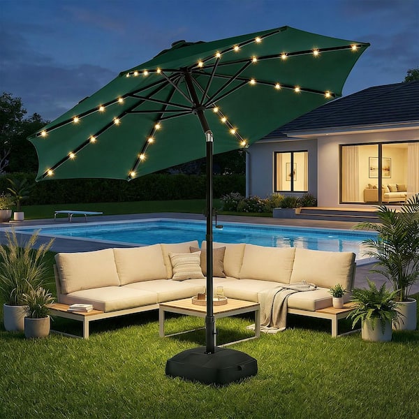 9 ft dark green patio umbrella with led lights lohasco 9 ft. Solar LED Lighted Market Patio Umbrella with Base in Dark Green