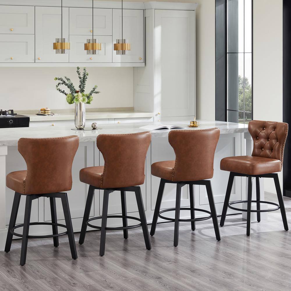Brown Faux Leather Swivel Counter Height Bar Stools with Wood Frame, Set of 2