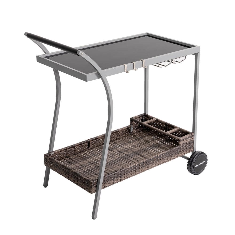 Nuu Garden Outdoor Serving Cart Powdercoated Steel Wicker Bar Cart on