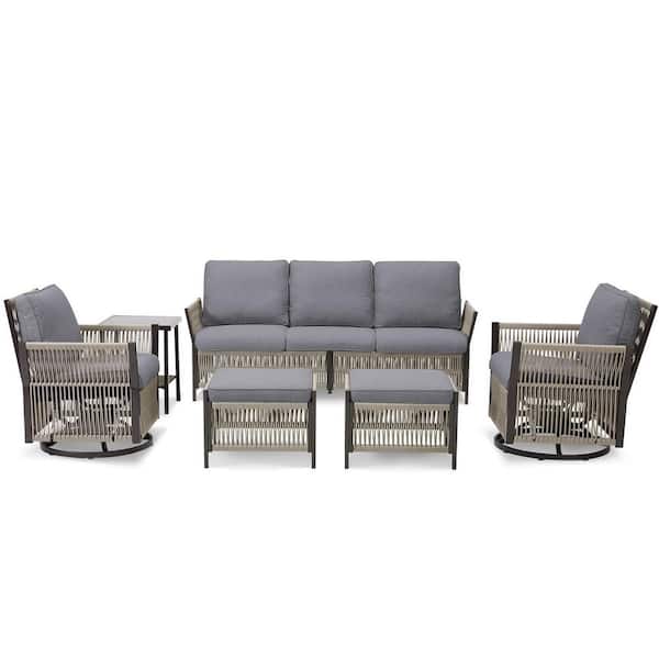 6-Piece Wicker Patio Conversation Set Including Sofa, Chairs, Footrests, Side Tables and Dark Gray Cushions