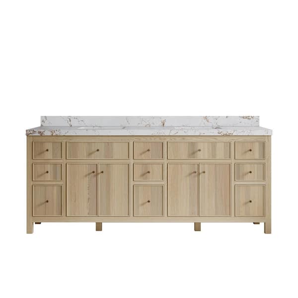 Willow Collections Sonoma Oak 84 in. W x 22 in. D x 36 in. H Double Sink Bath Vanity in White Oak with 2" Viola Gold Qt. Top