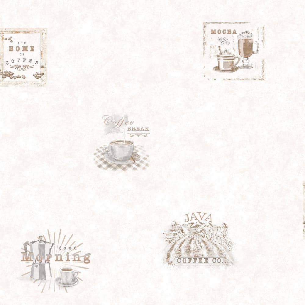 Coffee Motif Beige Matte Finish Vinyl on Non-Woven Non-Pasted Wallpaper Rol