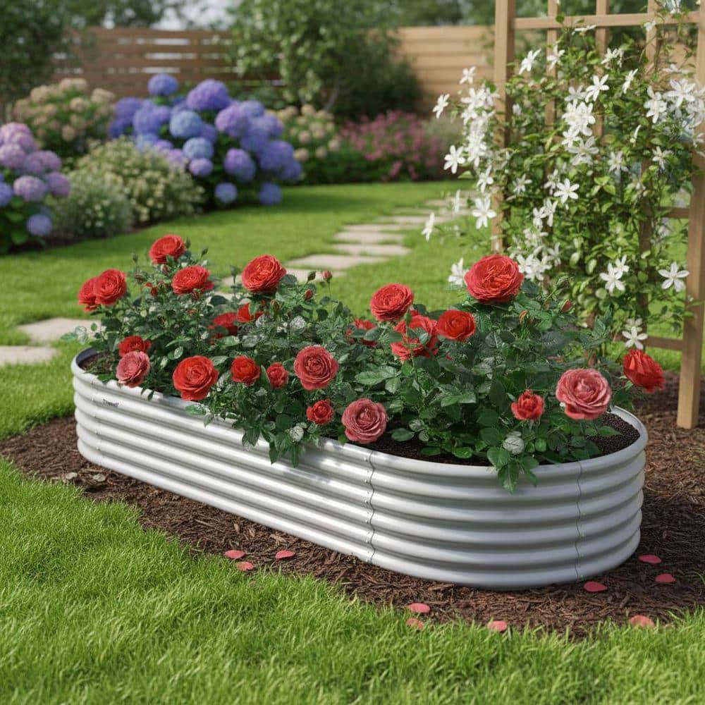 Light Grey 96 in. x 36 in. x 18 in. Oval Metal Raised Garden Beds