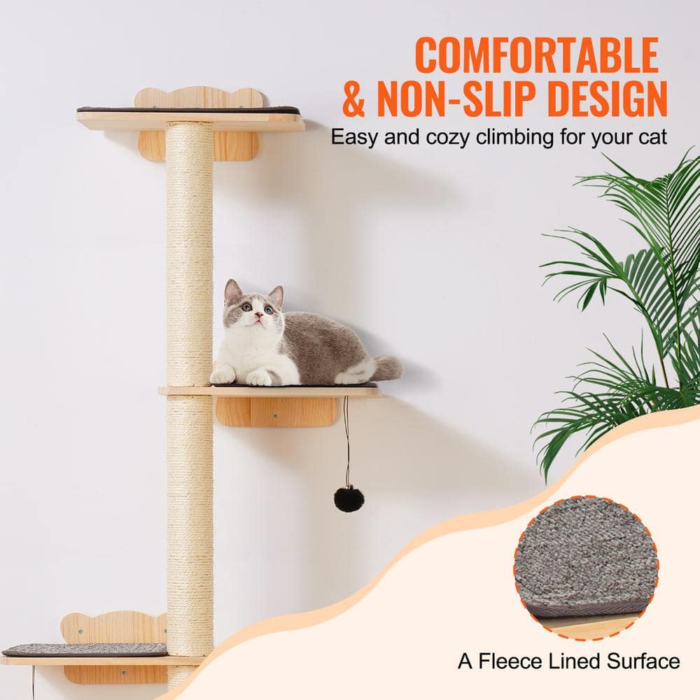 Natural Pine Wood 4-Tier Wall-Mounted Cat Tree with Plush Pads