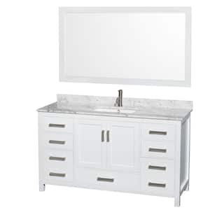 Sheffield 60 in. Vanity in White with Marble Vanity Top in Carrara White and 58 in. Mirror