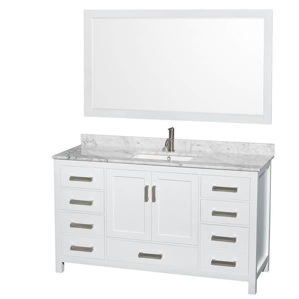 Wyndham Collection Sheffield 60 in. Vanity in White with Marble Vanity Top in Carrara White and 58 in. Mirror
