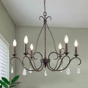28 in. 6-Light Rusted Bronze Classic Candlestick Chandelier with Crystal Drops Modern Farmhouse Island Pendant