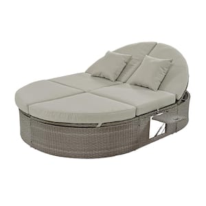 1-Piece Wicker Outdoor Day Bed with Gray Cushions and Pillows, Adjustable Backrests and Foldable Cup Trays