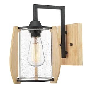 8 in. 1-Light Black and Rustic Wood Wall Sconce with Seeded Glass Shade